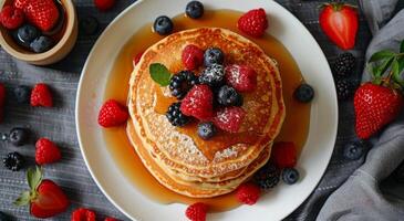 AI generated Stack of Pancakes With Berries and Syrup photo