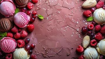 ai generado Tres cucharadas de hielo crema en un cono en un rosado antecedentes foto