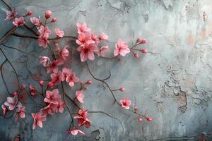 AI generated Pink Flowers Blooming on Concrete Wall photo