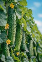 AI generated Cucumbers Growing on Vine With Yellow Flowers photo