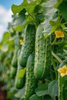 AI generated Cucumbers Growing on Vine With Yellow Flowers photo
