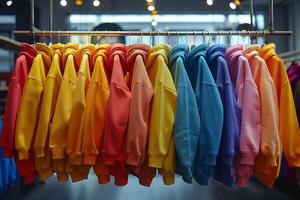 AI generated Colorful Sweatshirts Hanging on a Rack photo
