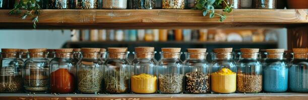 AI generated Shelf Filled With Various Types of Spices photo