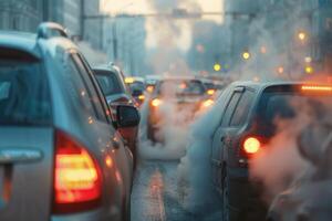 AI generated Transportation travel traffic jams on roads with air pollution, smoke from car exhaust pipes. photo