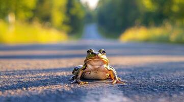 AI generated Frog standing on the road near forest at early morning or evening time. Road hazards, wildlife and transport. photo
