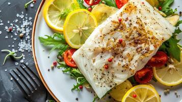 AI generated Fillet of fish and salad on a plate photo
