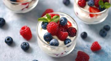 AI generated Healthy yogurt parfaits with fresh berries. photo