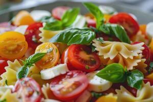 ai generado pasta de colores farfalle ensalada con Tomates, queso Mozzarella y albahaca. foto