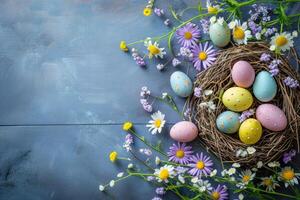 AI generated Colorful Easter eggs in nest and spring flowers on rustic table top view. Holiday card or banner. photo
