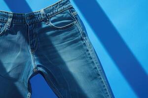 AI generated Blue denim jeans isolated on blue background. photo