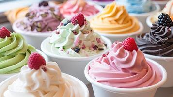 AI generated A variety of different colored ice cream flavors. photo