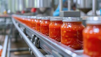 ai generado automatizado transportador línea o cinturón en moderno tomate pegar en vaso frascos planta o fábrica producción. foto