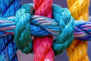 AI generated Strong diverse network rope team concept integrate braid color background cooperation empower. photo