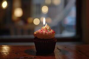 AI generated Cupcake with a single candle. photo