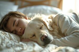 AI generated Boy and White Dog Sleeping on Bed photo