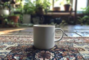 AI generated White Coffee Cup on Rug photo