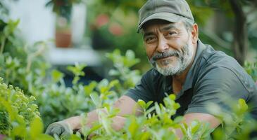 ai generado barbado hombre con sombrero en jardín foto