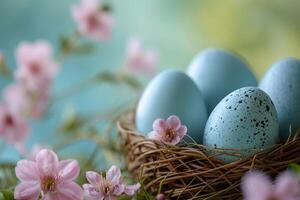 AI generated Bird Nest With Three Blue Eggs photo