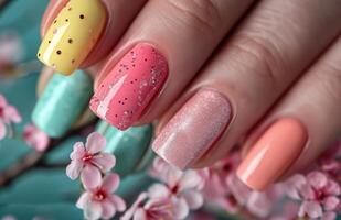 AI generated Womans Hand With Colorful Nail Polish and Flowers photo