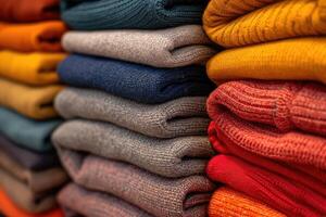 AI generated Pile of knitted sweaters as background, closeup view photo