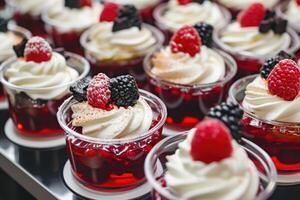 AI generated Tray ful of delicious jelly desserts raspberry and chocolate flavors whipped cream berries. photo