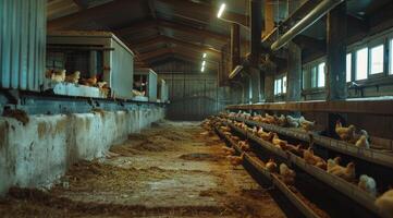 ai generado pollo come alimentar y grano a eco pollo granja foto