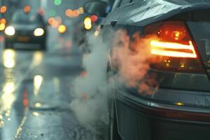 ai generado transporte viaje tráfico Enjambres en carreteras con aire contaminación, fumar desde coche cansada tubería. foto