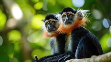 AI generated Two red colobuses Procolobus badius kirkii sitting. photo