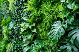 AI generated Green plants wall with vertical garden in home interior. Theme of vegetation, nature and eco design. photo