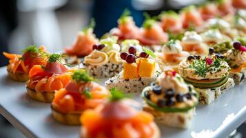 ai generado buffet surtido de canapés. delicioso aperitivos, abastecimiento comida foto