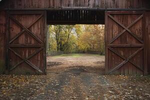 AI generated Brown barn on farm landscape photo