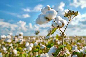 AI generated Branch of ripe cotton on the cotton field. photo