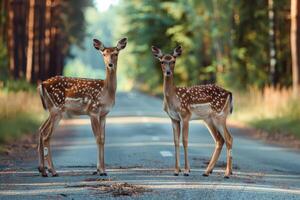 ai generado ciervos en pie en el la carretera cerca bosque a temprano Mañana o noche tiempo. la carretera peligros, fauna silvestre y transporte. foto