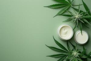 AI generated Cosmetic cream with marijuana leaves on a green background with space for text. photo