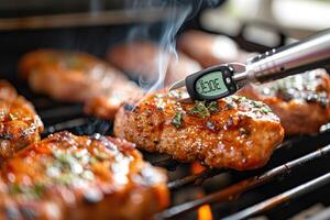 AI generated Checking for safe food temperature with digital instant thermometer. Kitchen meat thermometer against pork steaks on a grill. photo
