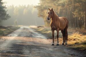 ai generado caballo en pie en el la carretera cerca bosque a temprano Mañana o noche tiempo. la carretera peligros, fauna silvestre y transporte. foto