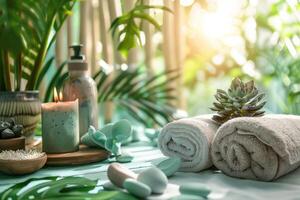 AI generated Natural relaxing spa composition on massage table in wellness center. photo