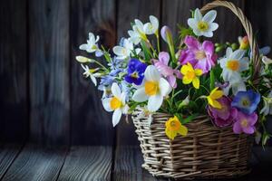 ai generado primavera flores en cesta en oscuro de madera antecedentes. foto