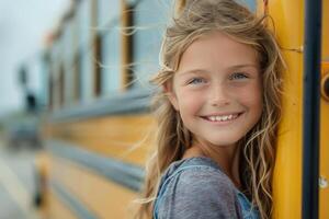 AI generated Young Girl Leaning Against Side of School Bus photo