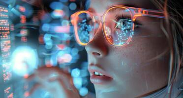 AI generated Woman Looking at Computer Screen With Glowing Lights photo