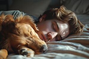 AI generated Boy and White Dog Sleeping on Bed photo