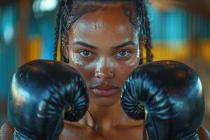 ai generado mujer vistiendo rojo boxeo guantes foto