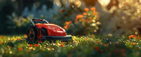 AI generated Lawn Mower Among Field of Flowers photo