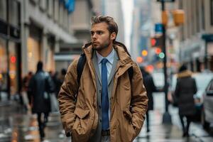 AI generated Man With Backpack Waiting for Train photo