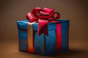 AI generated Blue Gift Box With Red Bow photo