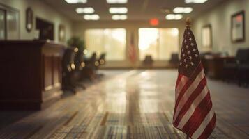 ai generado americano bandera en polo en vestíbulo foto