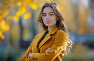 AI generated Woman in Yellow Coat Leaning Against Wall photo