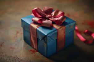 AI generated Blue Gift Box With Red Bow photo