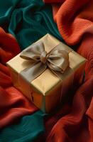 AI generated Gold Gift Box With Bow photo