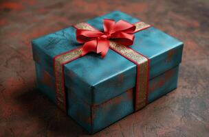 AI generated Blue Gift Box With Red Bow photo